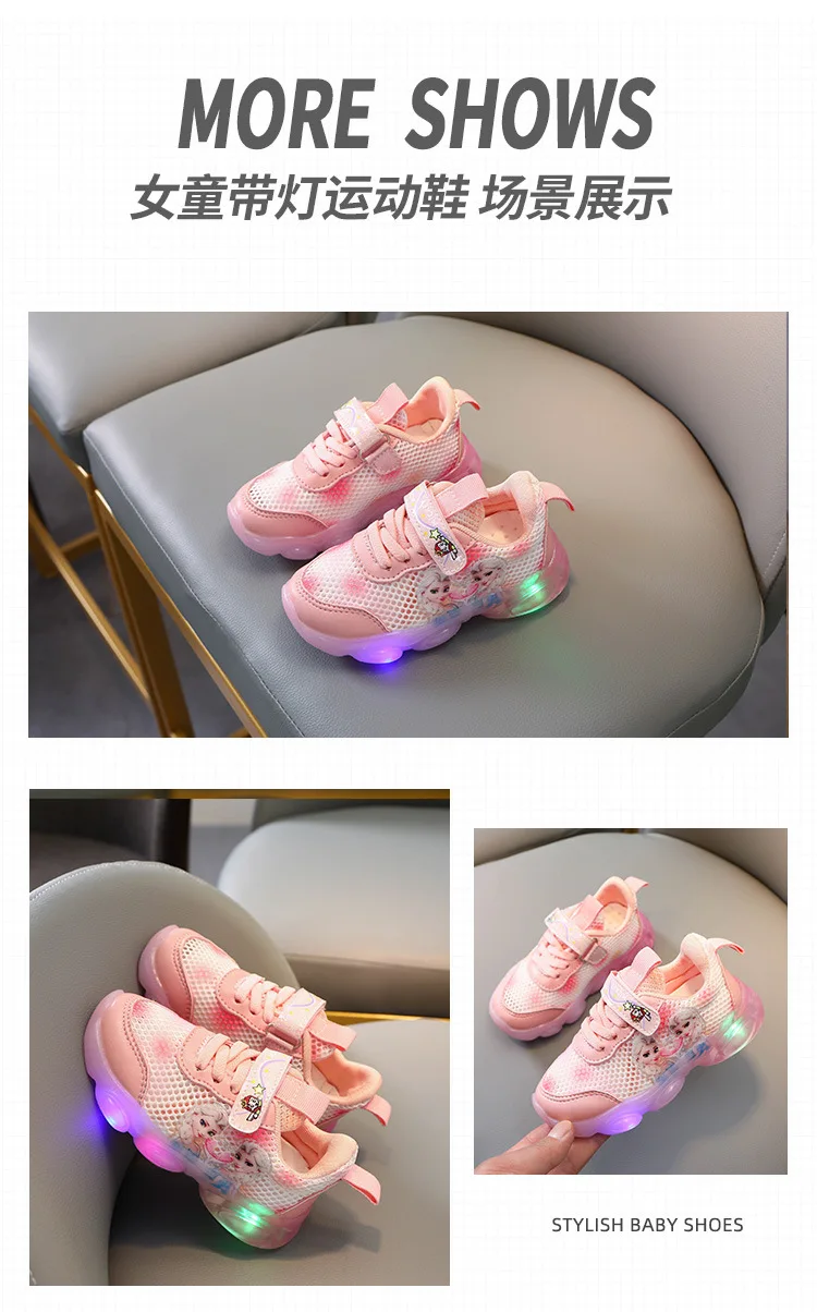 Disney Frozen Mesh Sneakers Kids Shoes Summer Led Children Luminous Shoes Girls Light Baby Sports Pink Shoes Size 13-19cm girls shoes