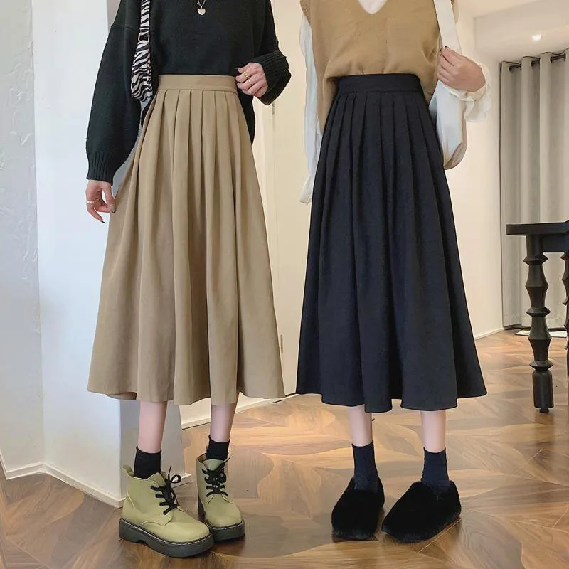 2025 Autumn Winter High Waisted Long Skirt Women Vintage Brown Streetwear A-Line Pleated Skirts Versatile Casual Midi Skirts 4