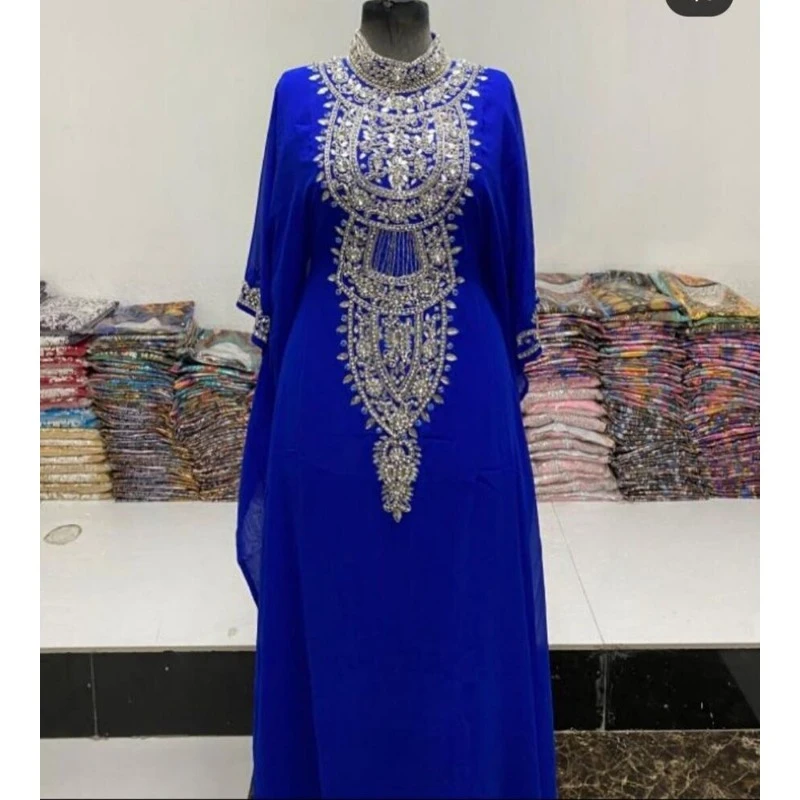 Royal Blue Marocchino Duba Caftani Abaya Dress Molto Fantasia Abito Lungo Tendenze Della Moda