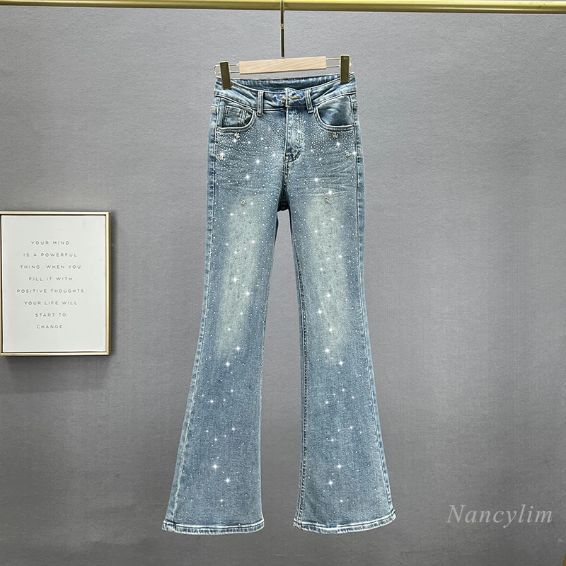 european-style-rhinestone-jeans-for-women-lengthened-trousers-2024-new-spring-elastic-high-waist-slim-fit-bootcut-pants