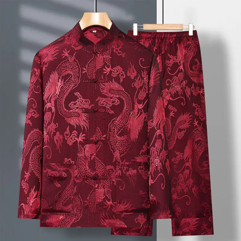 Spring New Middle Aged Elderly Tang Suit Men's Long Sleeved Satin Dragon Kung Fu Chinese Plus Size Shirt Training Clothing tai chi clothing