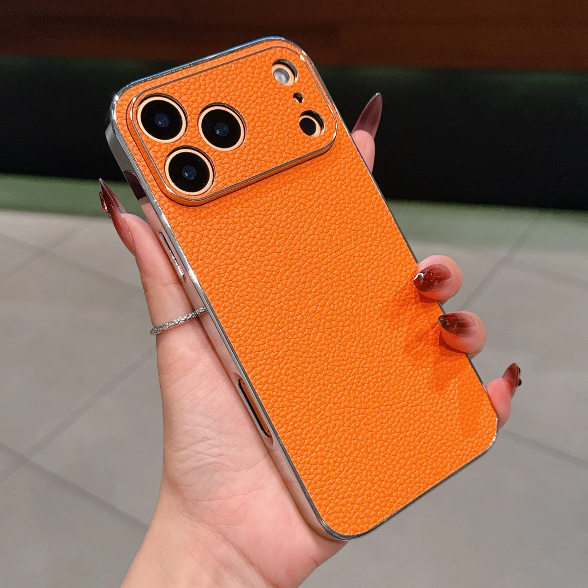 Business Orange Litchi Leather Phone Case with Large Window - Matte Shockproof Cover
