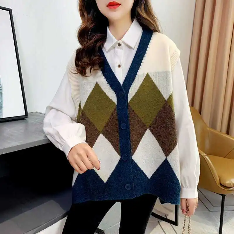 

Yasuk Spring Autumn AllSeason Casual Button Tess Vest Women Loose Knitted Top Sweater Gentle All-Match Cardigan Diamond Lattice