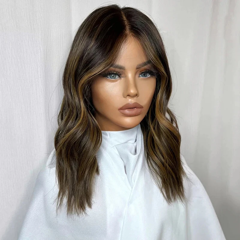 Natural Women"s Wig Dark Brunette Highlight Lace Front Wigs Synthetic Hair Chocolate Ash Brown Lace Wigs Heat Resistant Fiber