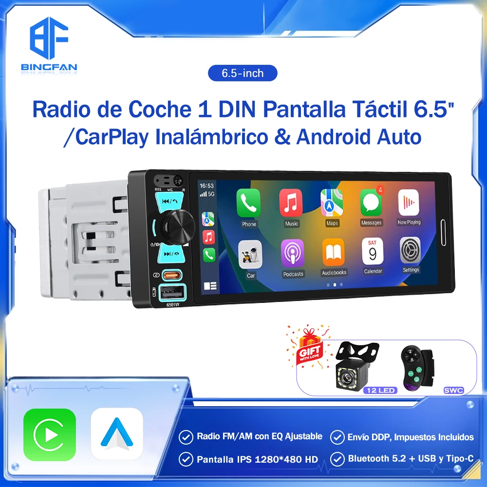 Radio Universal para Auto 1 DIN con Android Auto y CarPlay, Pantalla Táctil Inalámbrica, FM/AM, Reproductor Multimedia MP5, Puerto TF, Cámara 1