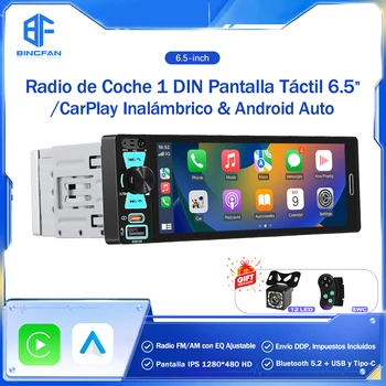 Radio Universal para Auto 1 DIN con Android Auto y CarPlay, Pantalla Táctil Inalámbrica, FM/AM, Reproductor Multimedia MP5, Puerto TF, Cámara 1