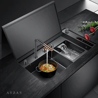 Large Size Nano Flip Cover Hidden Double Sinks Ultrasonic Smart Purifying Kitchen Island Sinks 4mm Thickness Handmade Sinks 1