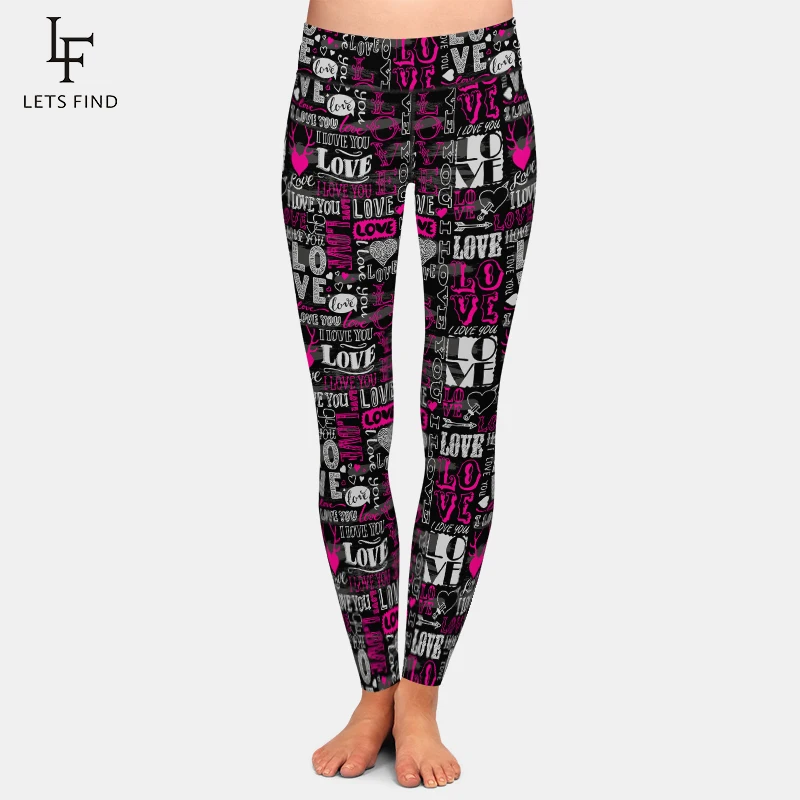 

LETSFIND 220gsm Double Side Brushed Milk Silk Print Hearts and Letters Design Women Pants High Waist Fitness Leggings