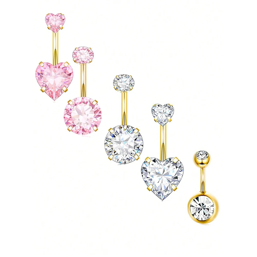 5pcs Cute Pink Belly  Button Ring 14G Navel Piercing Bulk Sexy Belly Ring Set Belly bar Lot Pircing Ombligo Jewelry Heart Silver