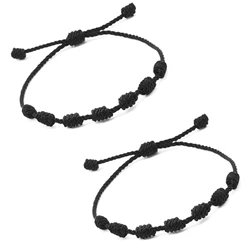 Handcrafted Adjustable Red String and Black Cord Kabbalah Bracelet Amulets for Protection (Set of 2) (Black 7knot)