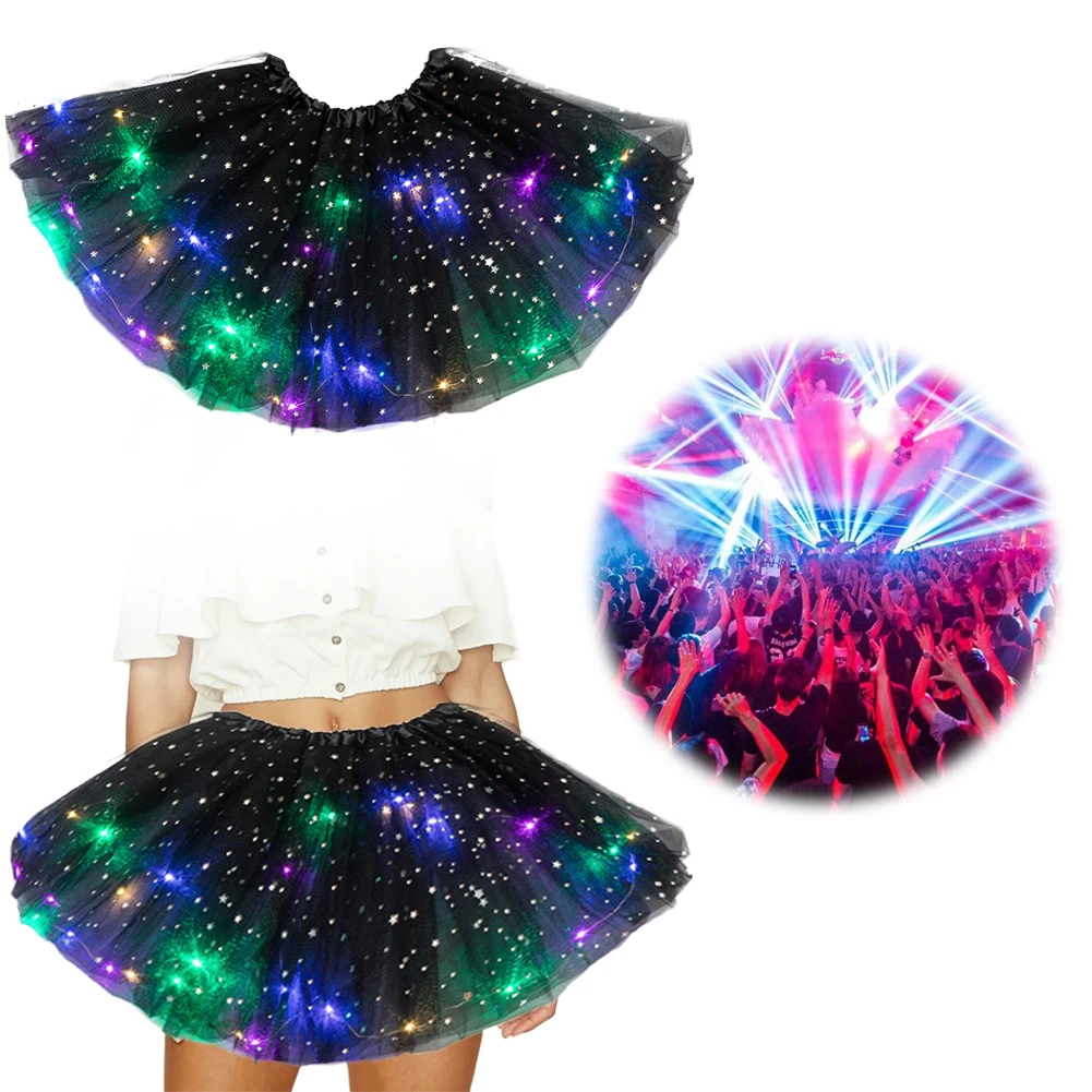 Womens LED Layered Tutus Sparkly Sequin Light Up Tutus Glow Tulle Dance Skirts for Party Rave Festival Carnival Costume