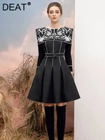 فستان بطيات للنساء ، ياقة بحار ، تطريز ، أكمام حياكة ، خصر أسود ، فساتين أنيقة ، مد جديد ، ربيع ، أو 13DB1112 1