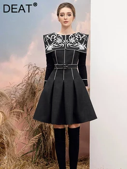 فستان بطيات للنساء ، ياقة بحار ، تطريز ، أكمام حياكة ، خصر أسود ، فساتين أنيقة ، مد جديد ، ربيع ، أو 13DB1112 1