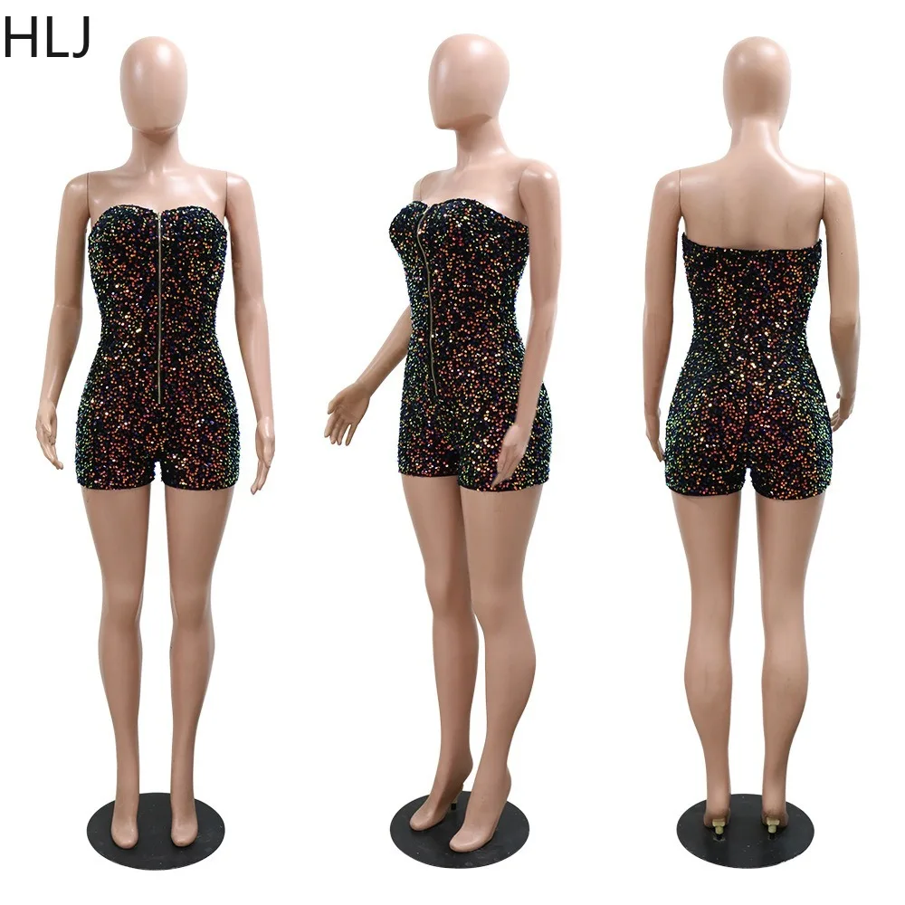 HLJ Fashion Sequin Zipper Bodycon Party Nightclub Rompers Women Off Shoulder Sleeveless Slim Jumpsuits Female Overalls 2023 New