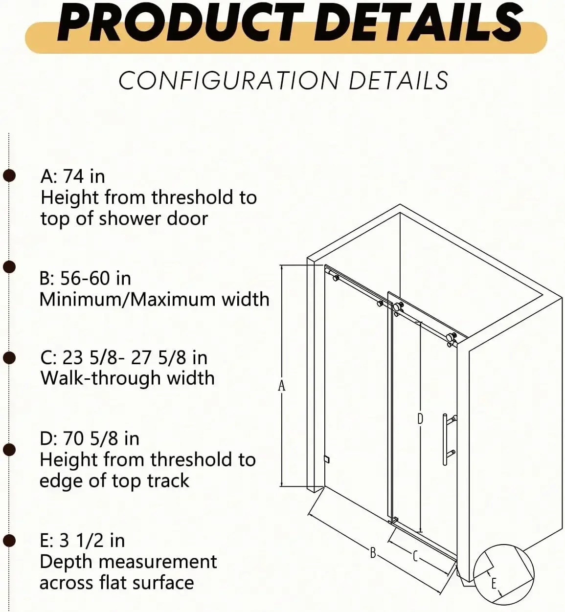 Frameless 56-60" W x 74" H Single Sliding Shower Door, Matte Black, 5/16" SGCC Tempered Glass, Soft-Close, Adjustable Width 6