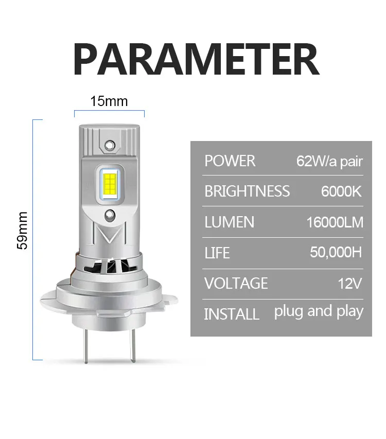 12V 62W 자동차 헤드라이트 6000K 백색 자동차 조명 긴 수명 16000 루멘 항공 알루미늄 내장 IC 드라이버