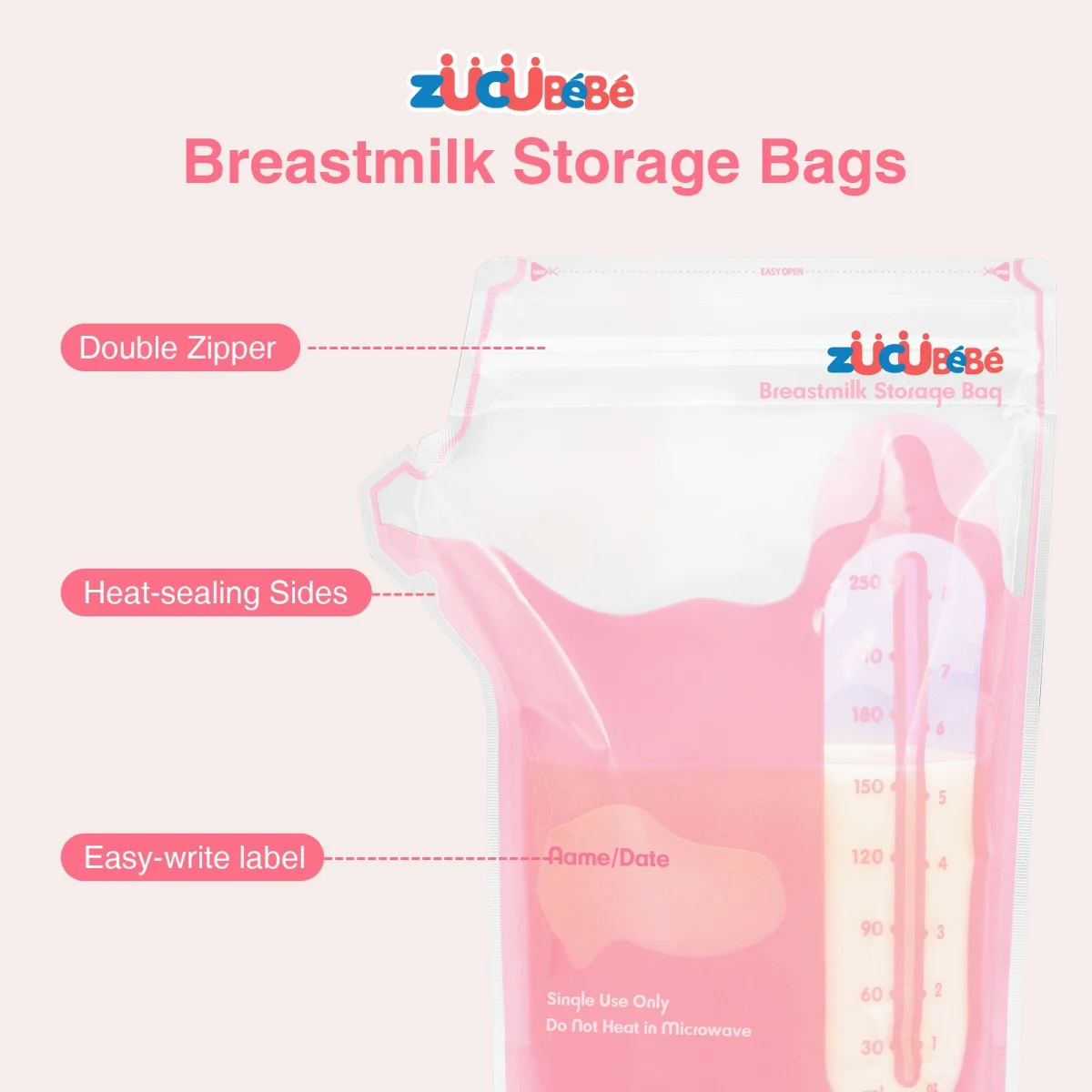 ZUCUBEBE Breast Milk Storage Bag, 8-Ounce Breast Milk Storage Bag, BPA-Free，Double Zipper，Heat-Sealing Sides，Easy-Write Label 2