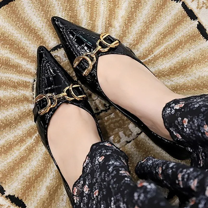 Women 4.5cm High Heels Elegant Patent Leather Pumps Female Sexy Metal Buckle High Heels Lady Fashion Pointed Toe Shallow Shoes 6