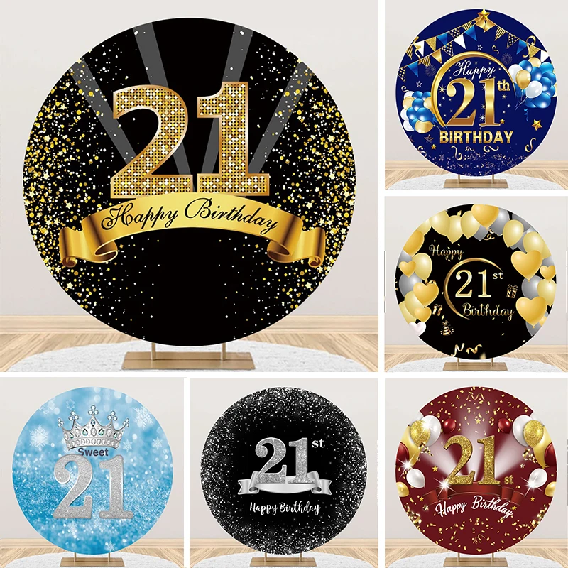 

Round Circle Photography Backdrop Black Gold Balloon 21th Birthday Party Glitter Glow Sequin Decoration Elastic Photo Background