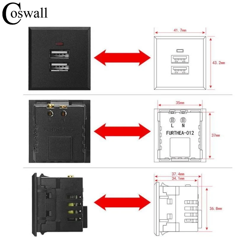 COSWALL Table Socket Module 5V 2.1A Maximum LED Indicator Quality Snap-in Embedded USB & Type C / Dual USB Charging Outlet electrical power socket electrical sockets
