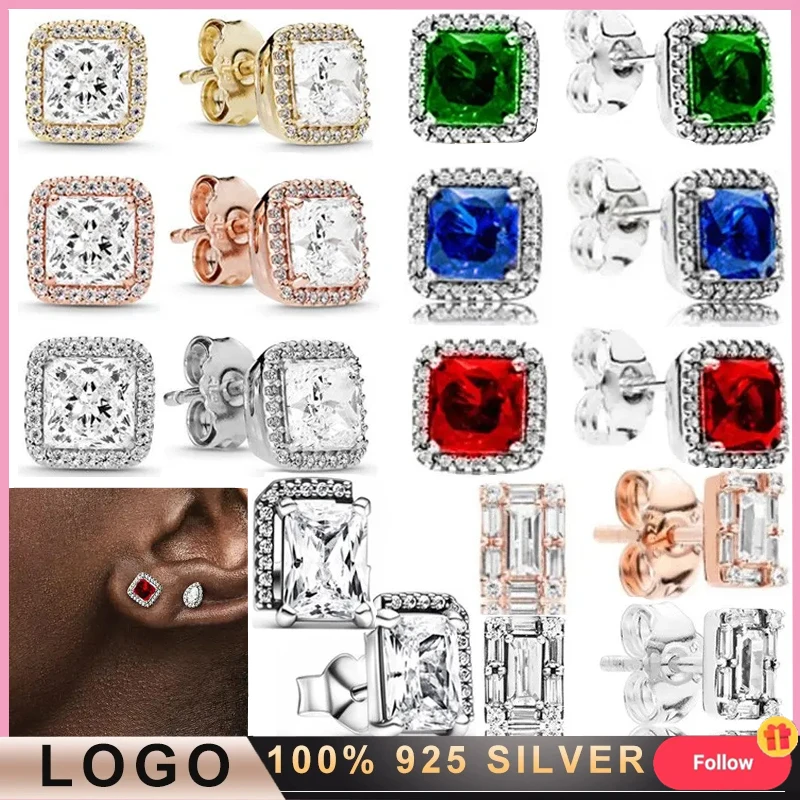 New Original Logo 925 Sterling Silver Women's Square Shining Earrings Fashionable DIY Charming Jewelry Gifts Classic Retro