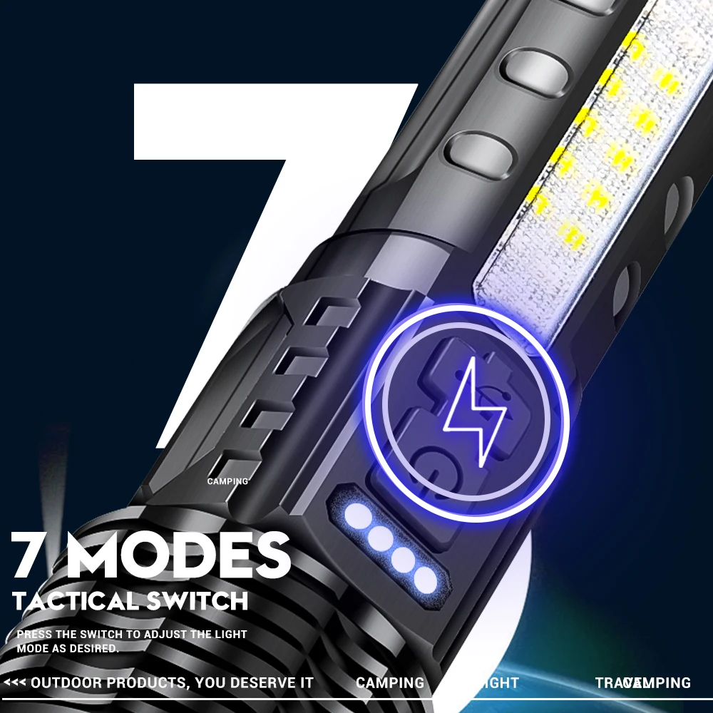 強力な8000lm LED懐中電灯 強力なLED懐中電灯,xhp50およびcob,USB c,充電式,高輝度,家庭用