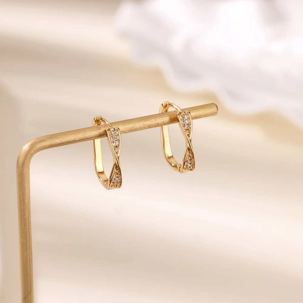 Classic Zircon Twist Hoop Earrings Gold Color Stainless Steel Cross Shape
