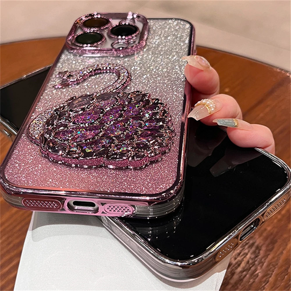 Elegant Bling Glitter Swan Diamond Clear Phone Case - Soft Silicone Shockproof Cover