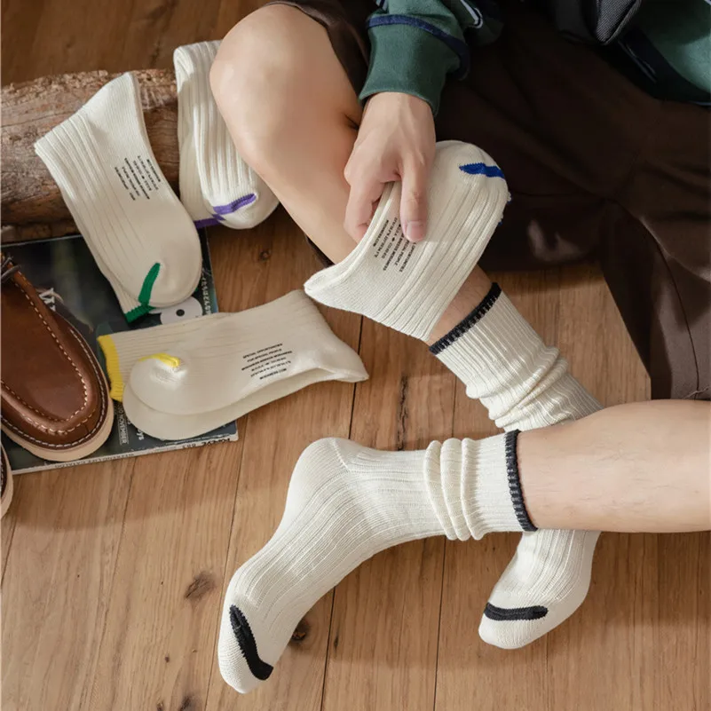 Vintage Men's Medium Tube Socks City Boy Thick Knit Cotton Designer Solid  White Socks Casual Sports Socks Cycling Hiking Socks