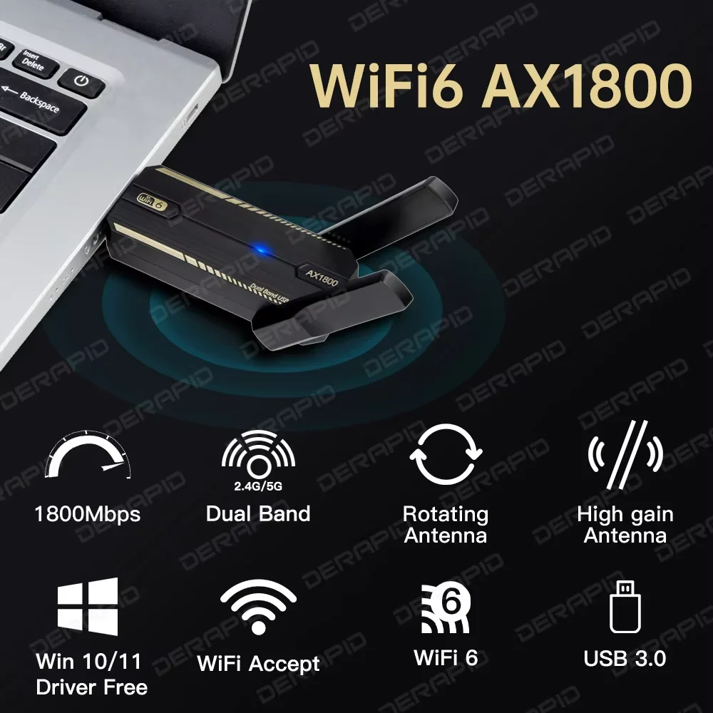 AX1800 WiFi 6 USB 3.0 어댑터 PC 노트북용 듀얼 밴드 2.4G/5G MU-MIMO 네트워크 카드 802.11ax 드라이버 무료 Win10/11 1800Mbps