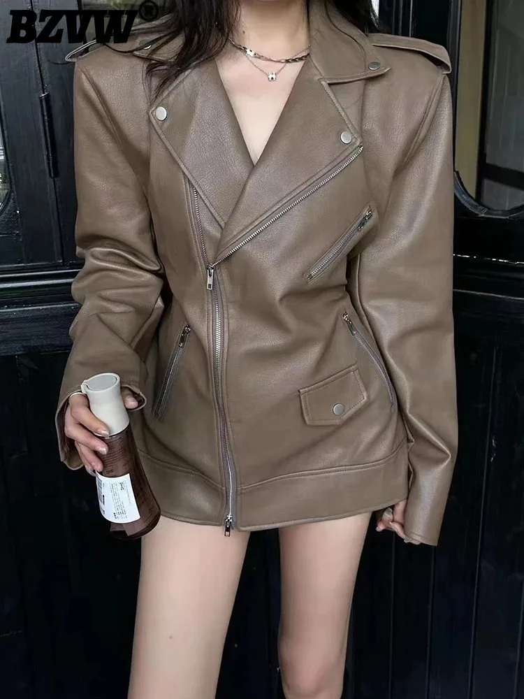 

BZVW Trendy Versatile PU Leather Women Jacket 2023 Spring Autumn Fashion New Lace-up Waist Zipper Design Female Top Coat 25X3215