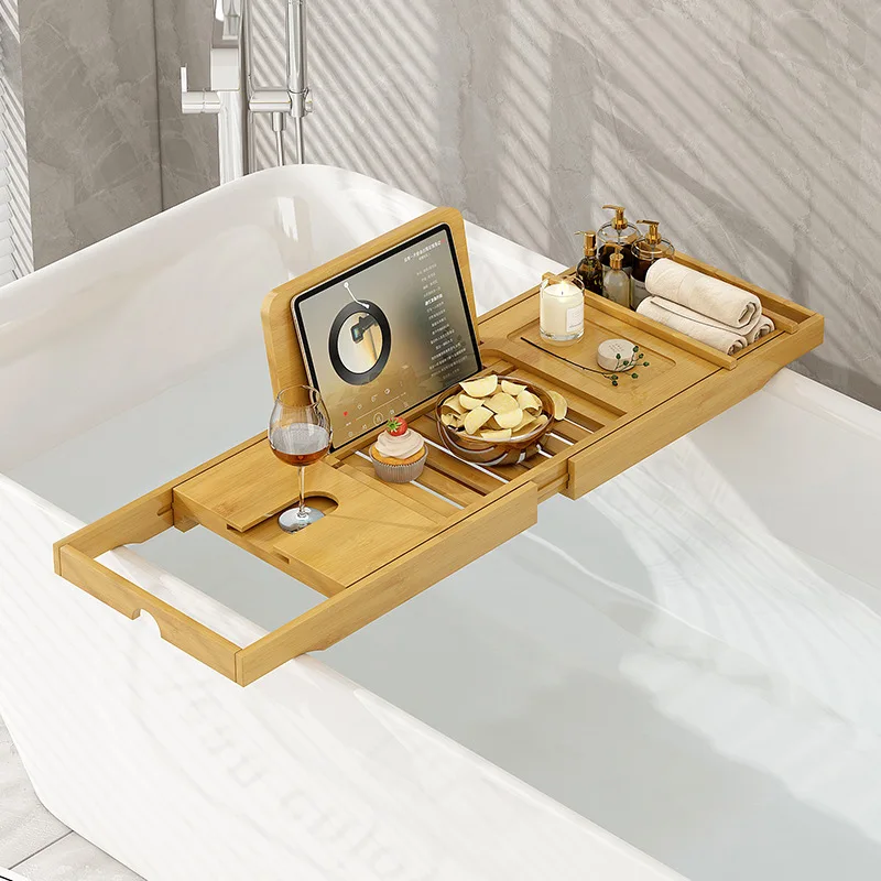 Bamboo Adjustable Bathtub Tray Sturdy Spa Caddy Expandable Bath Storage Shelf Anti-Slip iPad & Wine Holder