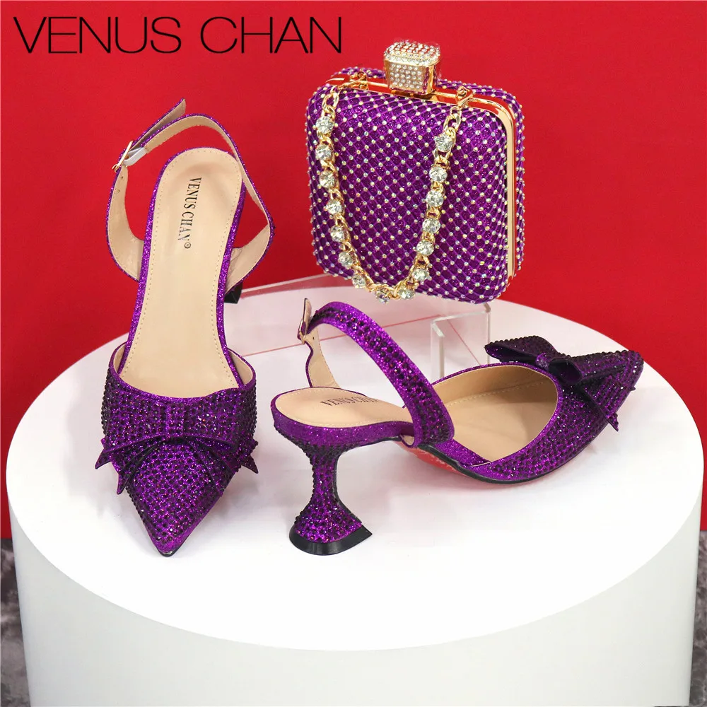 

2024 Nigerian High-End Banquet Suits Ladies Shoes and Bag High Quality Delicate Metal Chain Rhinestone Bag