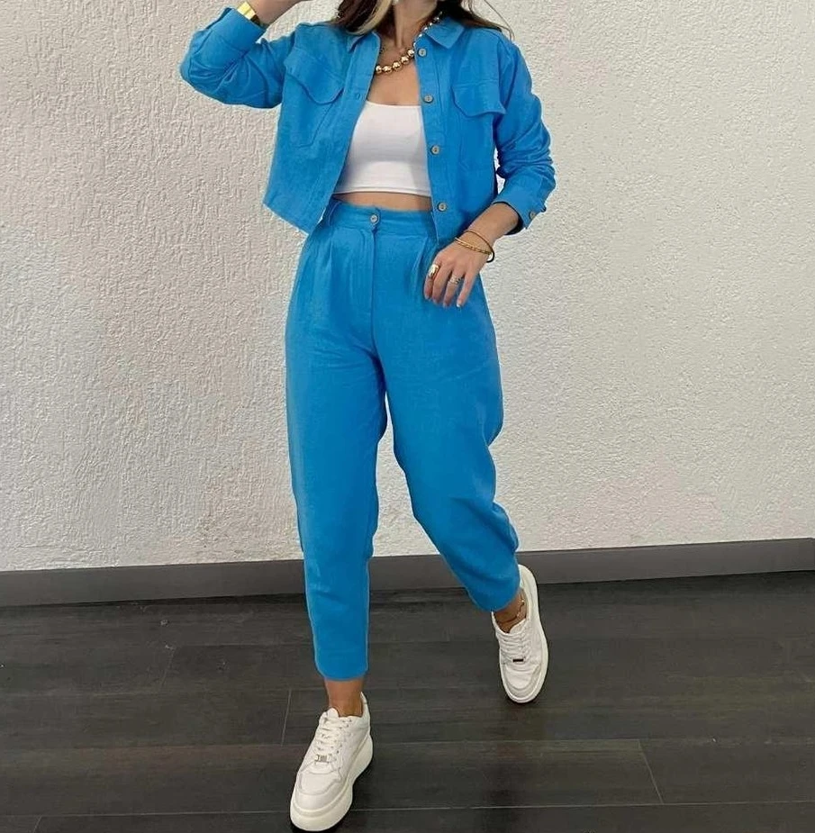 2023 Autumn Casual Daily Commuting Loose Fitting Fashionable Short Pocket Long Sleeved Shirt with Cropped Pants Set for Women