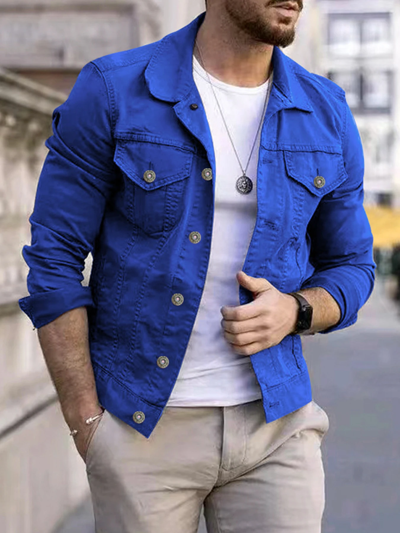 

Autumn and winter men's casual blazer trend fashion multi-pocket button denim overalls