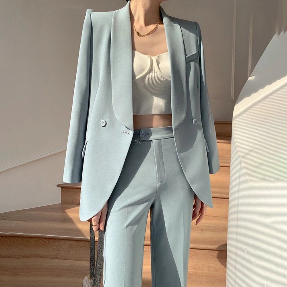 Fashion Slim Women 2 Pcs Blazer Set Business Long Sleeve Jackets & High Waist Pants Duble Breasted Office Ladies Trousers Suits