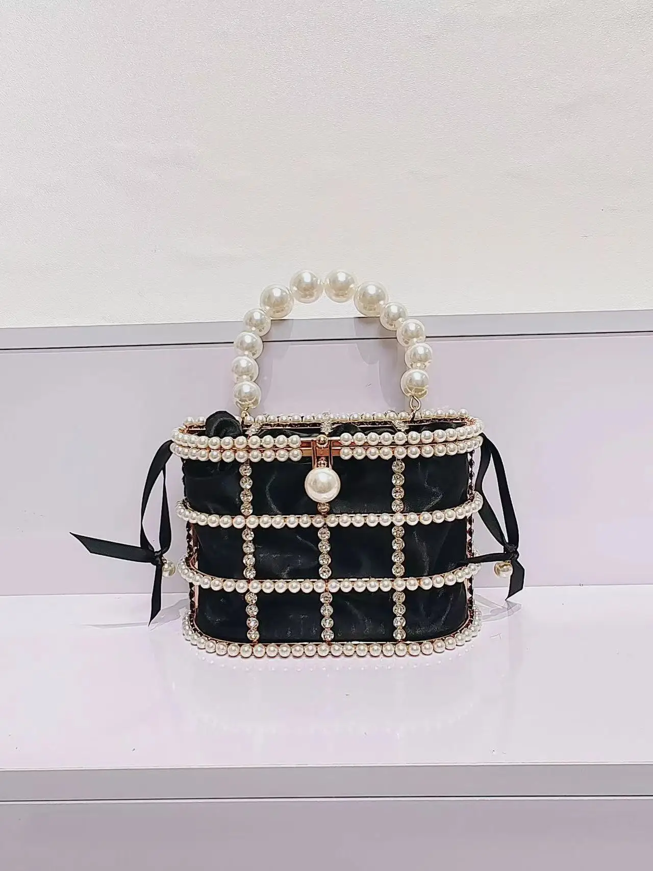 

Luxury Pearl Beaded Handbag Hollow Out Glitter Rhinestones Diamond Evening Bag Wedding Party Clutch Purse Women Crossbody Bag