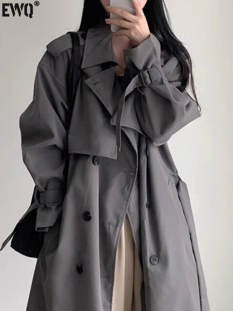 

[EWQ] Simple Apricot Jacket Windbreaker Women Tops Double Breasted Loose Casual Gray Trench Jacket 2023 Autumn New 16U4607