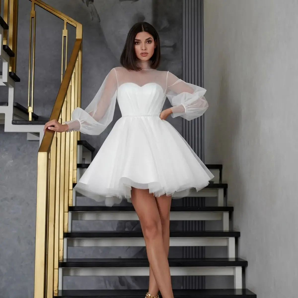 

Mesh Tulle Long Sleeve Wedding Dresses Short Bridal Gowns High Collar Chic Custom Made Party Vestidos De Novia