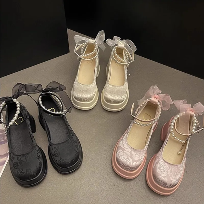 Spring Women Thick Platform Mary Janes Lolita Shoes Summer 2024 New Bow Chain Party Pumps Fashion Oxford Shoes Zapatos De Mujer 6