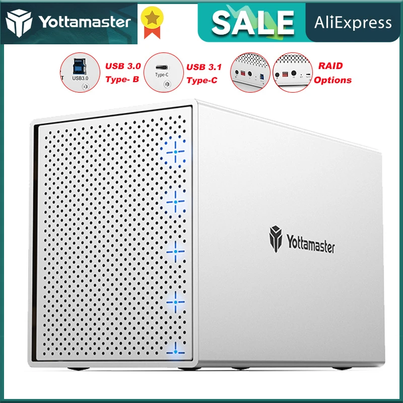 Yottamaster PS500U3 Aluminum 5 Bay 2.5"/3.5" USB3.0 Support 5x16TB for Personal Storage External Hard Drive Enclosure SATA 3.0