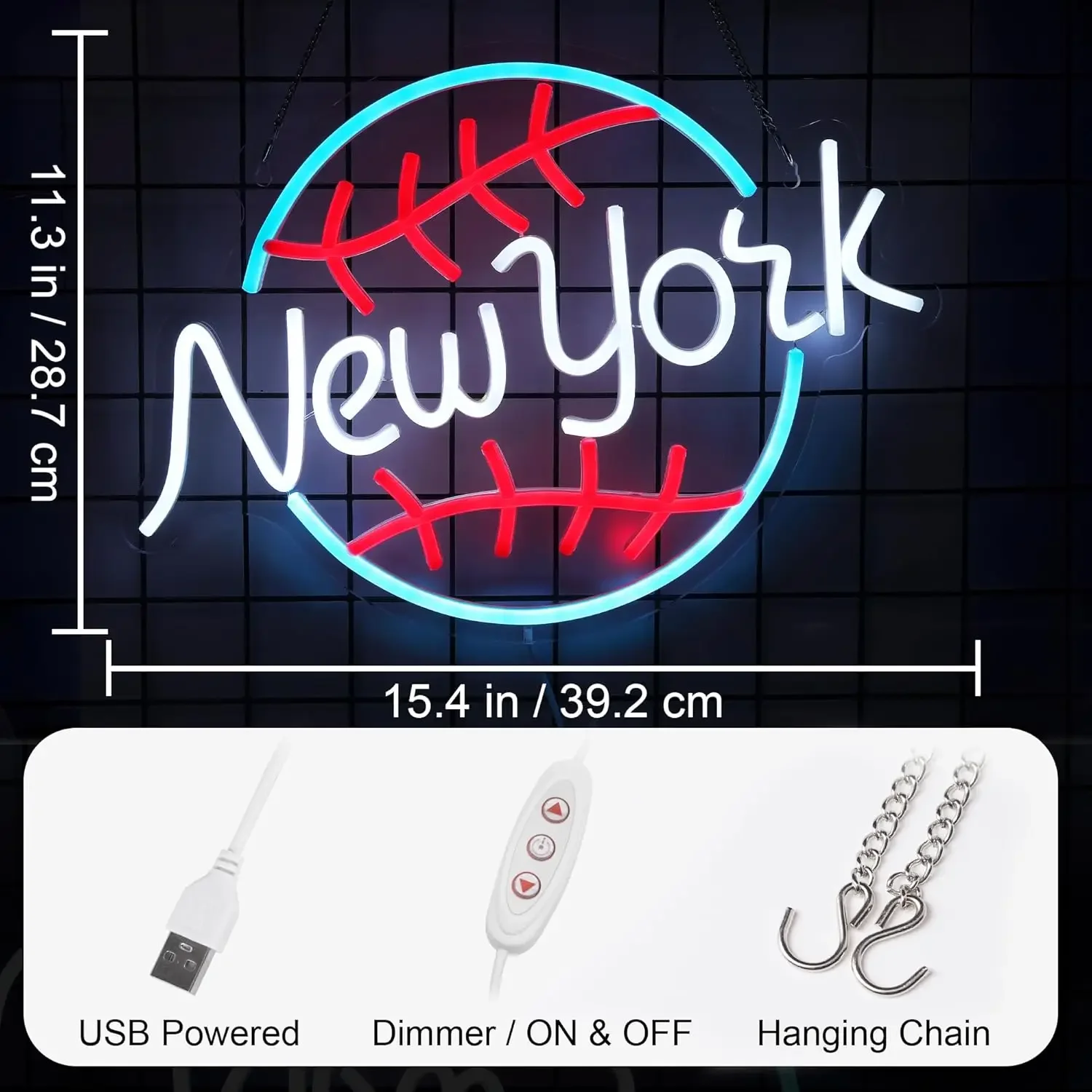 Baseball Neon Sign, New York USB Power Neon Sign, Baseball Room Wall Decor Suitable for Sport LED Store Sign Man Cave Bar