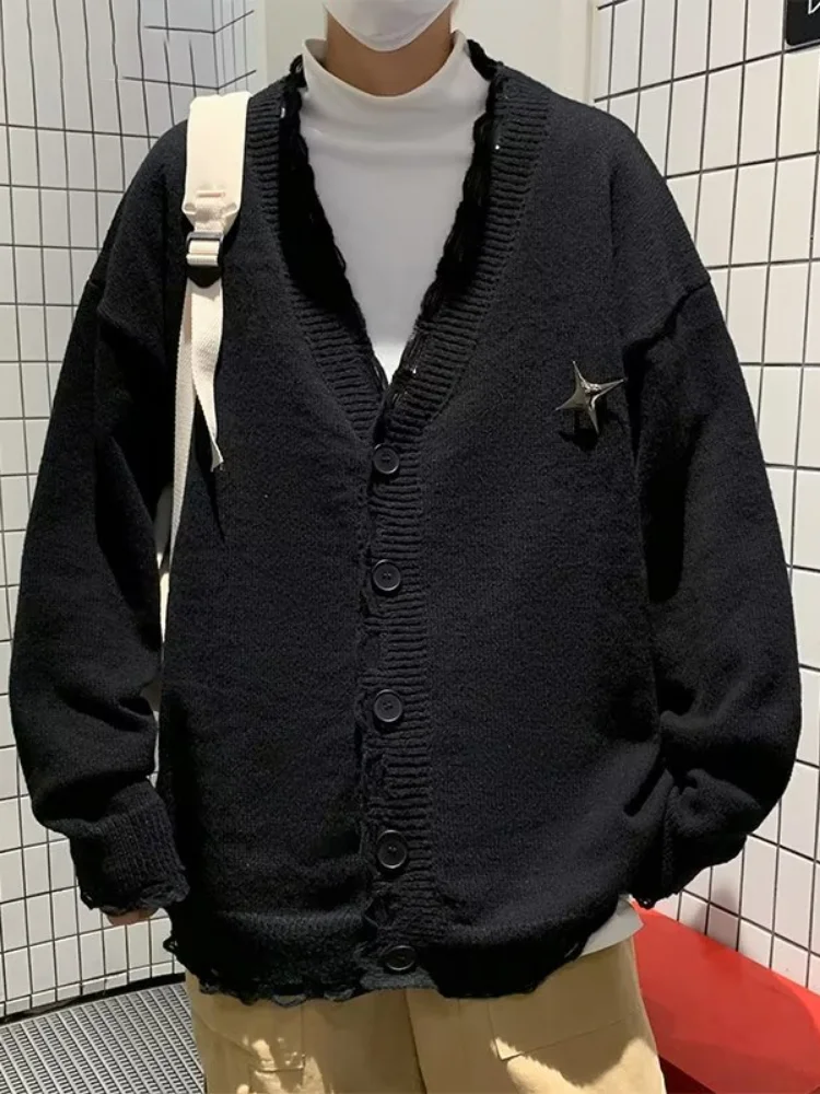 

Women Men Casual V-neck Knitted Cardigan Harajuku Loose Star Patchwork Sweater Jacket Japanese Streetwear Y2k Kardigany