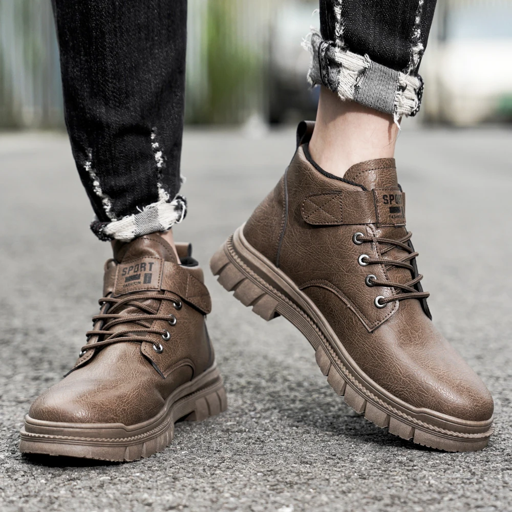 Men Motorcycle Boots Vintage Solid Outdoor Comfortable Walking Boots Casual Versatile Lace Up Shoes Ankle Flat Male 39-44