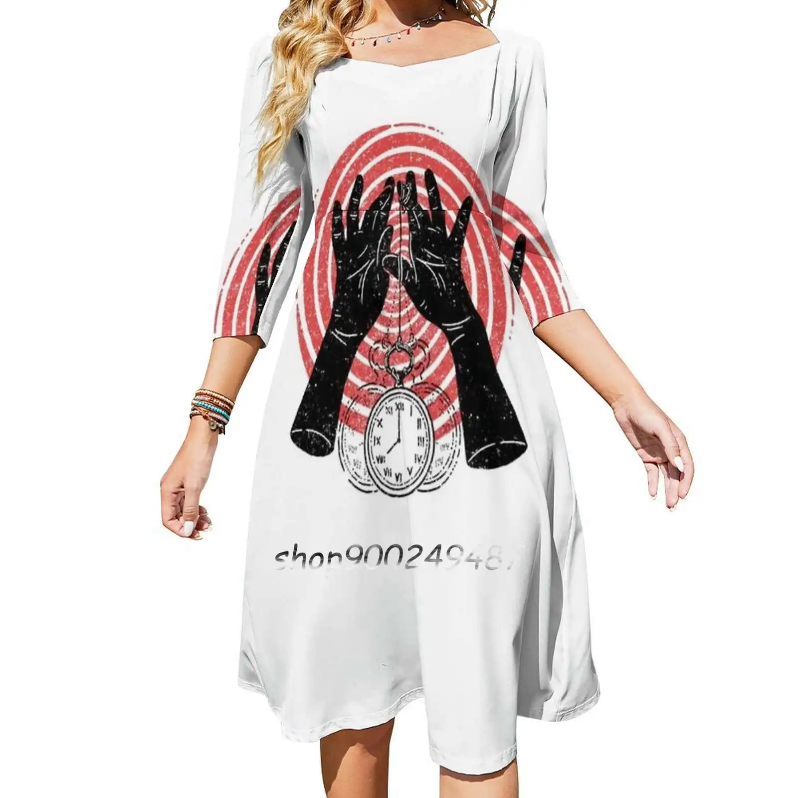 

Hypnotise Flare Dress Square Neck Dress Elegant Female Fashion Printed Dress Dark Hand Hypnosis Circle Hypnosis Hypnotise