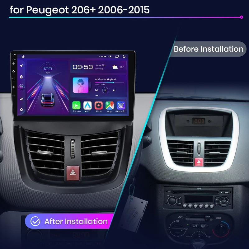 Radio para coche Junsun con Android Auto para Peugeot 206 206CC 206SW 2001 2002 2003-2008, sistema multimedia inalámbrico Apple CarPlay Android Auto, sistemas inteligentes, pantalla IPS, reproductor de vídeo estéreo, 2 Din, autorradio, unidad principal, navegación, BT, GPS, 4G, WIFI, FM, AM, DSP, RDS, SWC 2