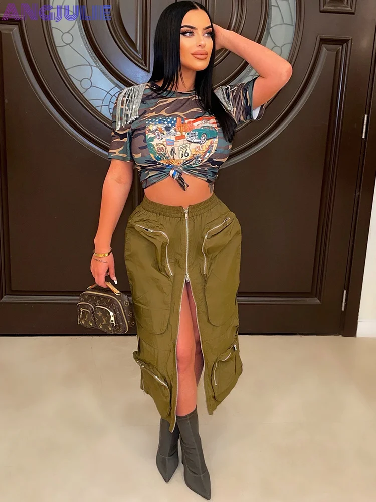 

Angjulie Summer Camouflage T Shirts Y2K Tops Womens Clothing 2023 Fashion Tassel Patchwork Short Sleeve Print Casual Street Tops