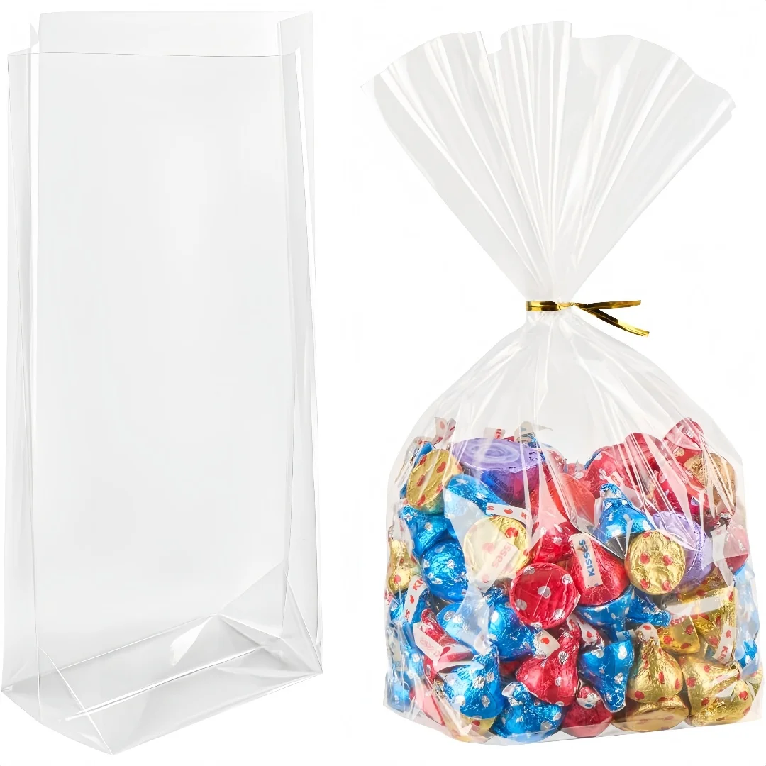10/30/50 Stück Zwickelbeutel mit flachem Boden, durchsichtige Geschenktüten aus Zellophan mit gedrehten Krawatten, Goodie-Beutel für Partygeschenke, kleines Geschenk