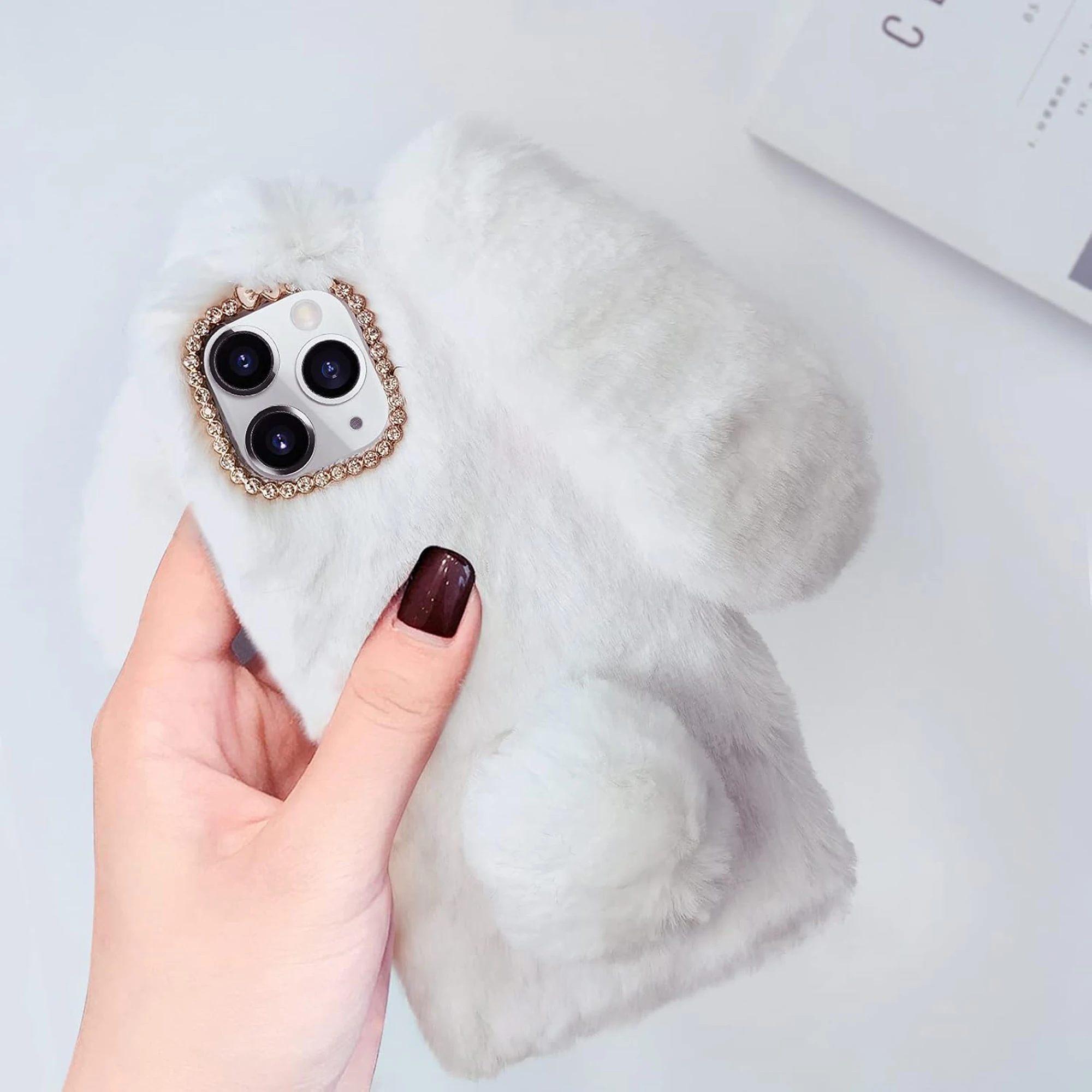 3D Rabbit Plush Case for iPhone 16 Pro Max Luxury Cute Warm Bunny Furry Soft 3D Long Ear Hair Plush Rabbit Case Cover for Grils