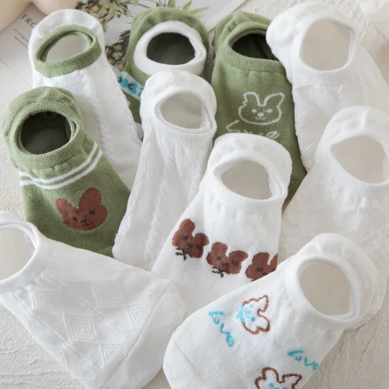 

5 Pairs/lot Lovely Animal White Breathable Elegant Women Summer Green Socks Cute Funny Girls Cut Short Happy Ankle Cotton Sox